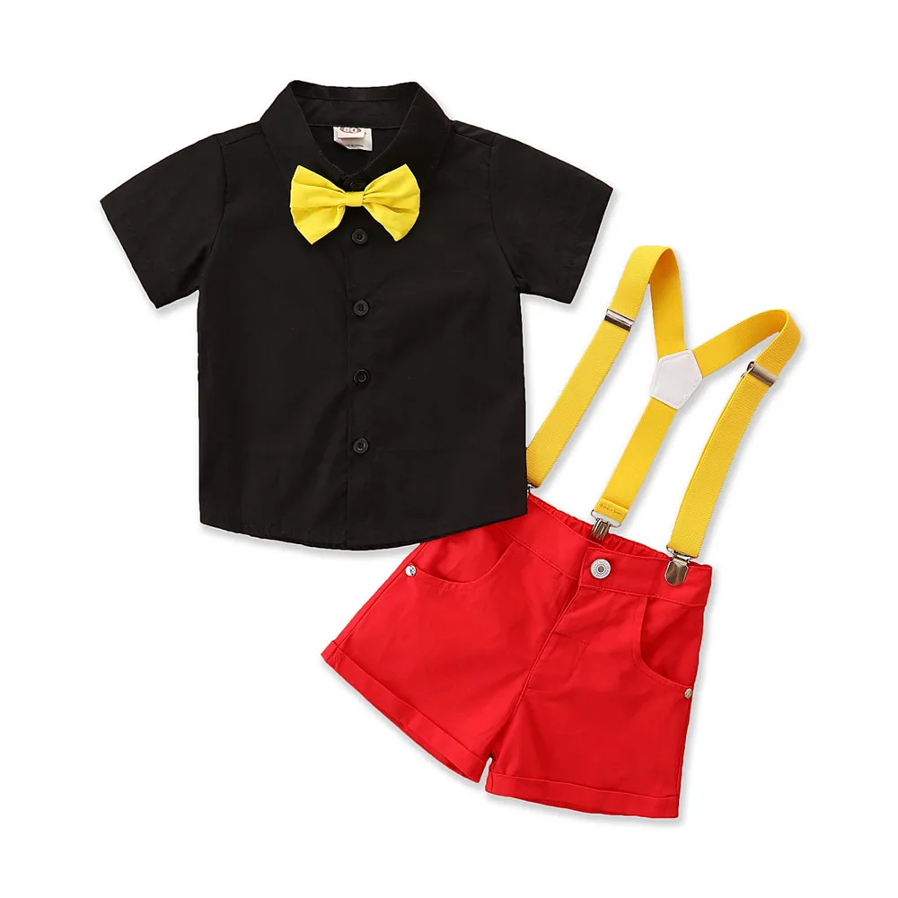 

Cathery 2pcs Set Summer Kids Toddler Boys Gentleman Suits Short Sleeve Bowtie Shirt + Bib Red Shorts Clothes Set