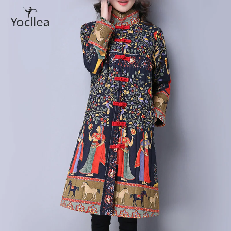 Winter Jacket Women Thick warm Long Parka Mujer Cotton Padded coat vintage Button Print Overcoat plus size Women Tops