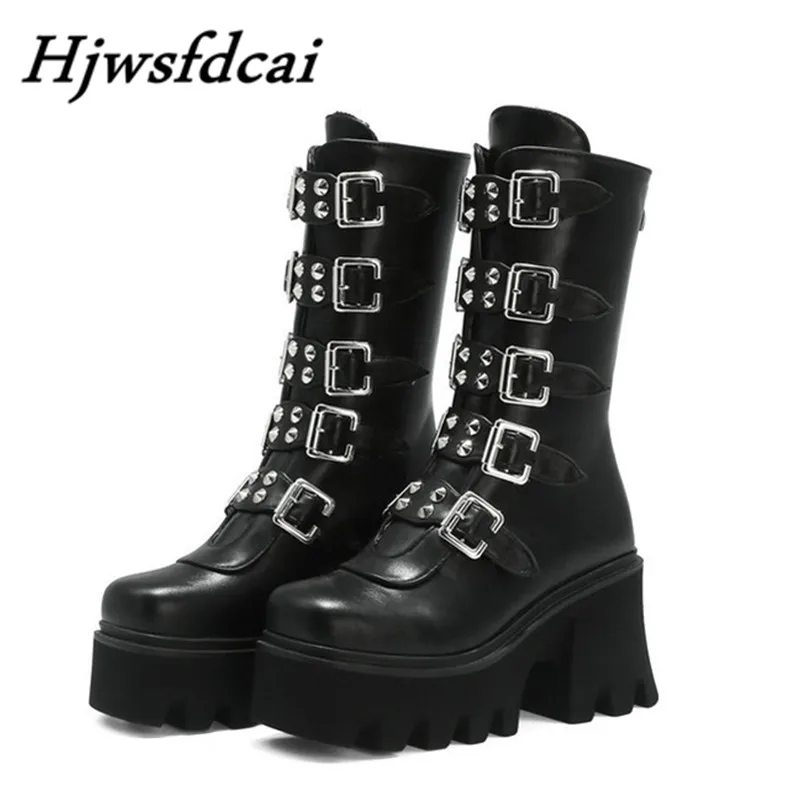 

Hjwsfdcai High Quality Winter Gothic Punk Womens Platform Boots Fashion Black Buckle Strap Zipper Creeper Wedges Shoes Woman