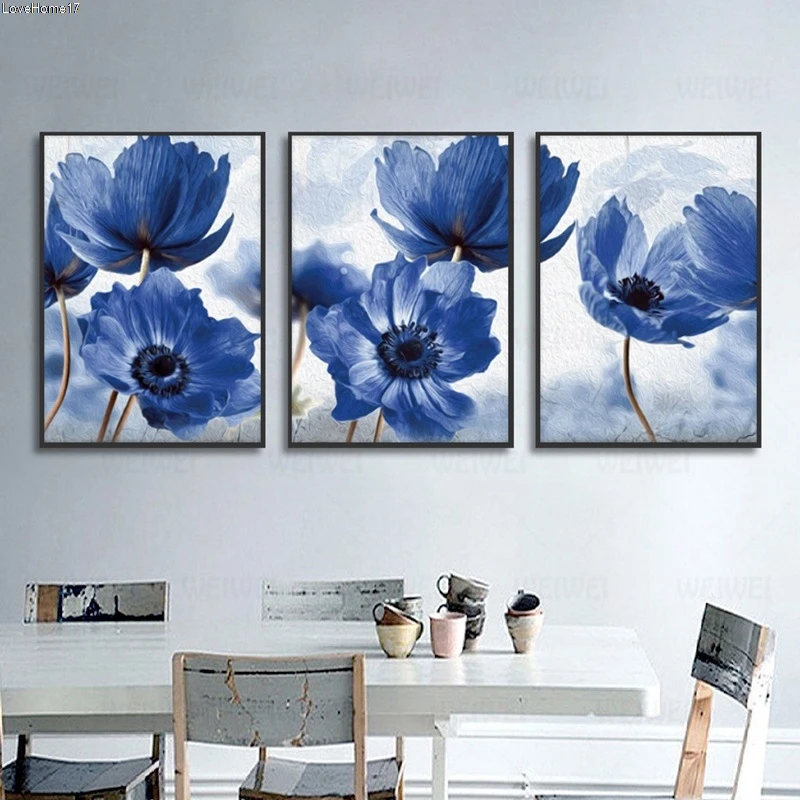 

Blue Flower Beautiful Art Frameless Poster Simple Background Color Nordic Style Living Room Decoration Canvas Oil Painting