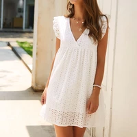 summer short sleeve mini dress solid hollow out v neck short dresses casual ladies butterfly sleeve loose sundress beachwear