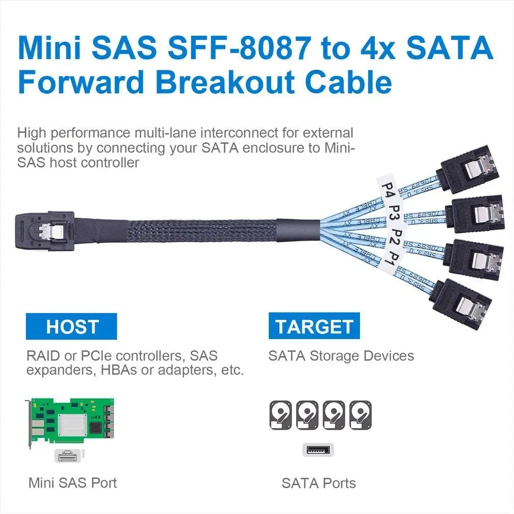 6G Internal Mini SAS 36pin SFF-8087 Male to 4X SATA 7pin Female Fan-Out Cable, 1-m(3.3ft)