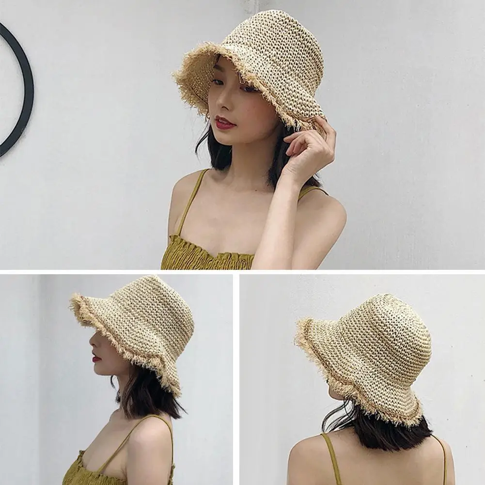 

Summer Women Crochet Knit Straw Hat Wide Wavy Brim Sunscreen Beach Cap Sunhat