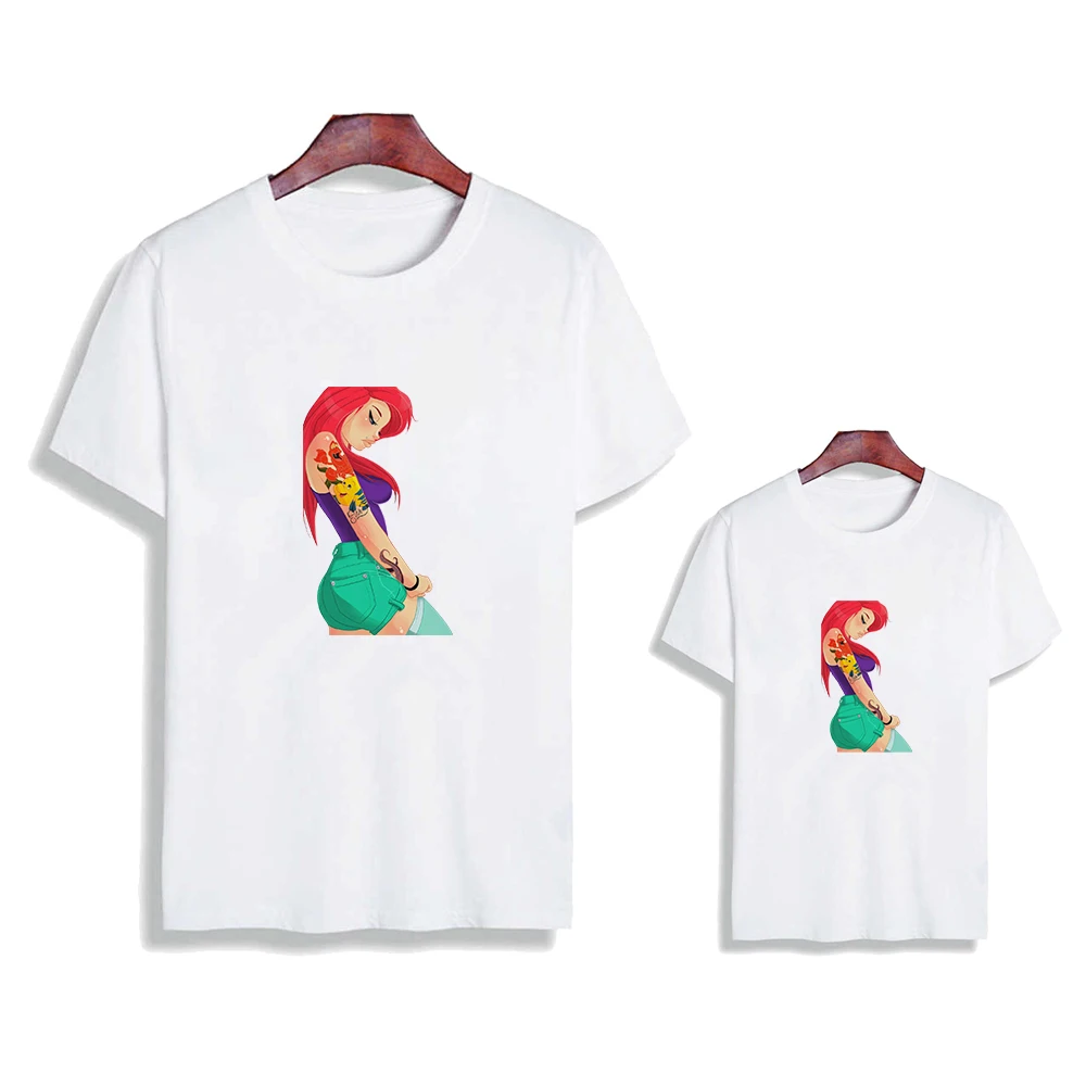 

Disney Ariel Princess Summer Family T-shirts Ulzzang Mama and Daughter Home Casual Clothes Hipster Mother Girl Family Matching