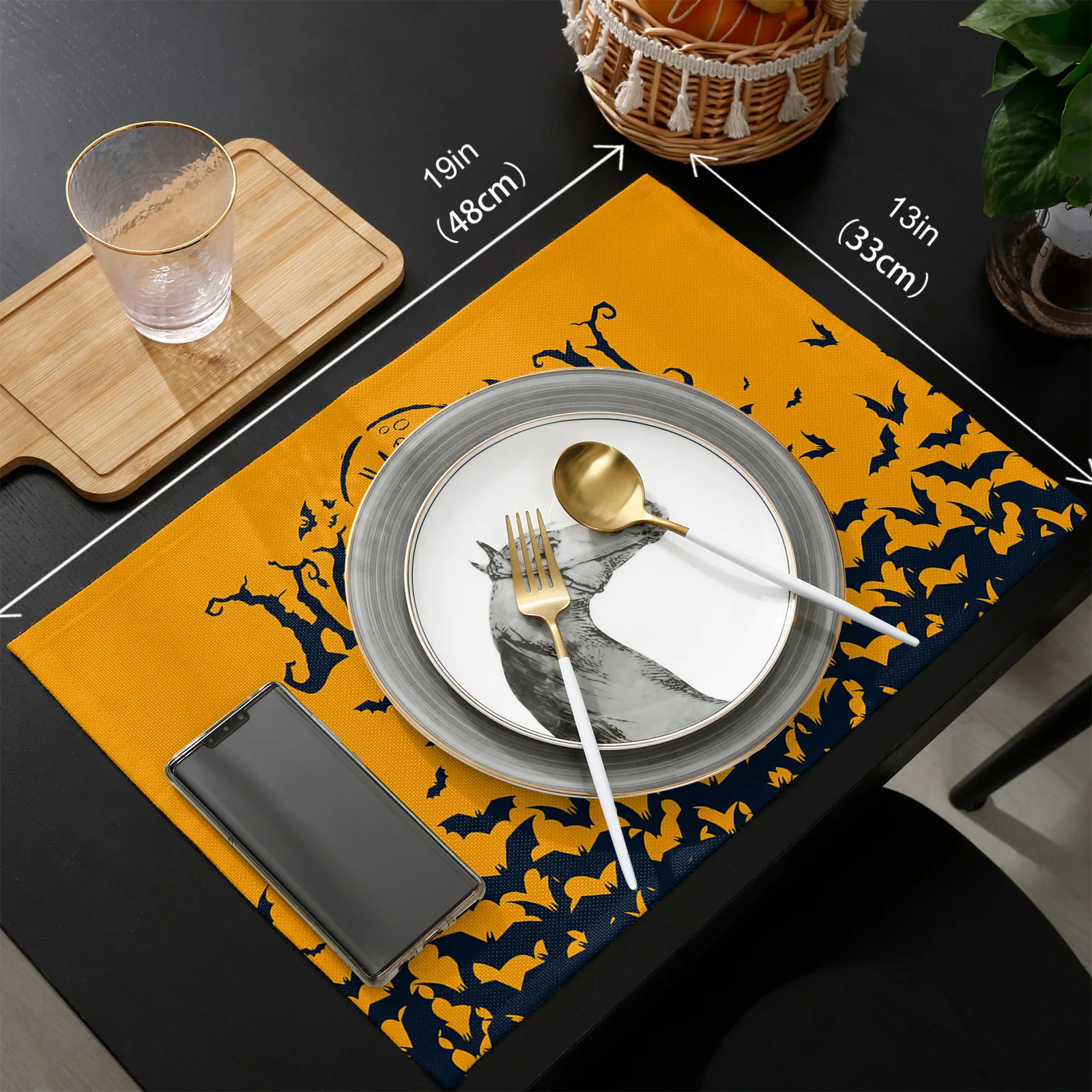 

Happy Halloween Bat Swarm Orange Table Runner Set Wedding Table Decoration Home Kitchen Dining Table Decor Placemats