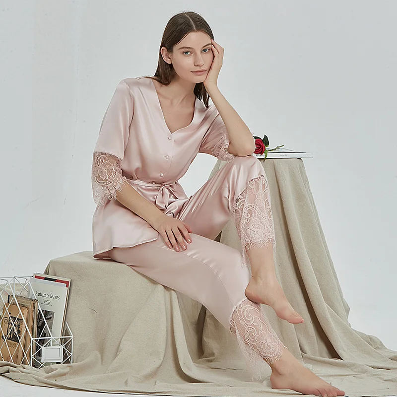 22 Momme 100% Silk Pajamas Lace Sexy Mulberry Silk Nightwear V-Neck Sleepwear Solid Color Half Loungewear Women with Belt