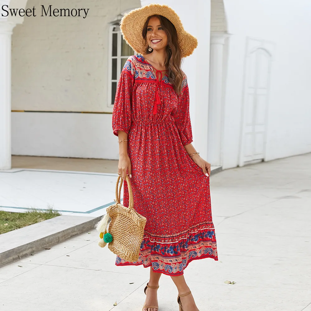 

Sweet Memory Red Blue Black Cocktail Dresses 2021 Bohemian Print Dress Women V Neck Cotton Slim Spring Summer Long Floral Robes