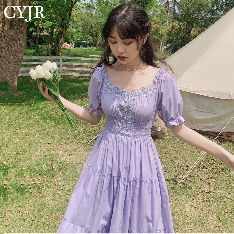 

2021 Purple Elegant Lace Long Maxi Dress Vintage Square Collar Female Franch Dress Casual Holiday Lady Vestidos