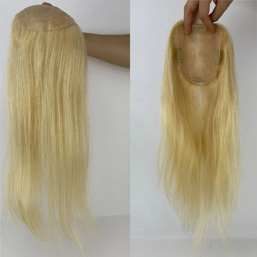 16inch #613 Blonde Skin Base Women Toupee 5X5inch Russian Human Hair Topper with PU Around or 4 Clips Hairpiece Silk Top Closure