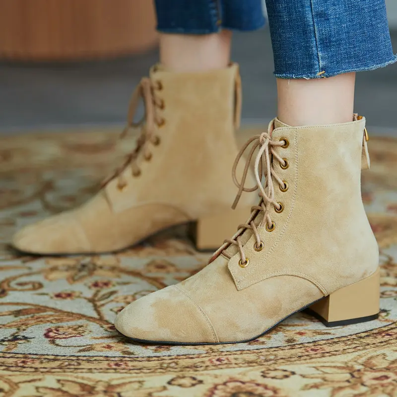 

Thick Heels Cross Tied Women's Boots Classic DesignShoes Woman Heels Winter Newest Party Working Ankle Boots black apricot