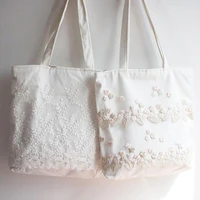 fashion lace flower floral embroidery book bag white canvas bags women casual summer luggage organizer students school bag