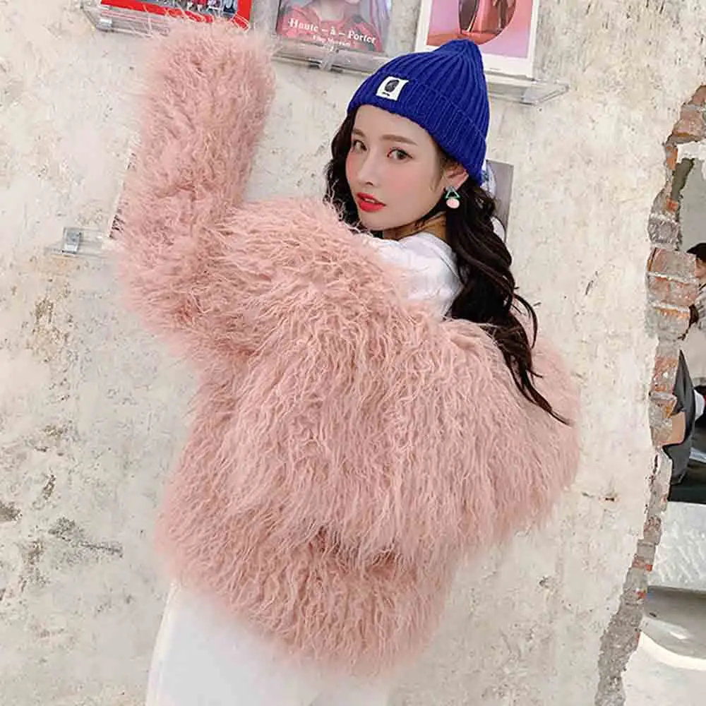 FIRSTTO Stylish Faux Mongolia Sheep Fur Long Hairy Shaggy Big Lapel Outwear Sleeve Knitted Pockets Jackets Coat Top 2 Color | Женская