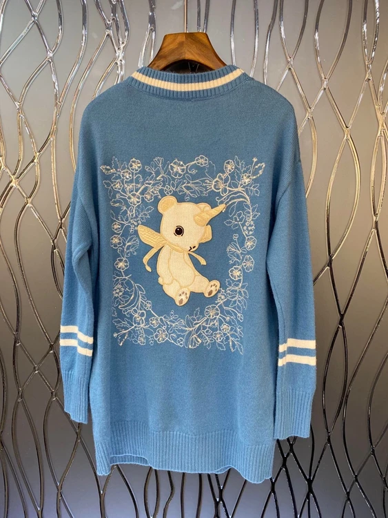 

2020 new women's V-neck color matching white strip woven border symmetrical pocket loose knit sweater 1008