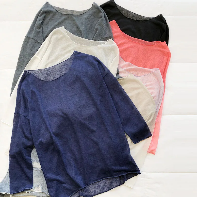 Женская тонкая трикотажная футболка прозрачная Повседневная Однотонная с