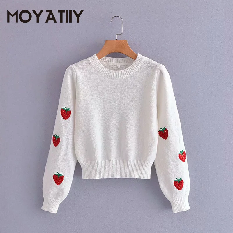 

MOYATIIY Women Fashion Spring Autumn Sweater New Arrival Sweet Embroidery Strawberry Pattern Pullover Sweaters Long Sleeve Tops
