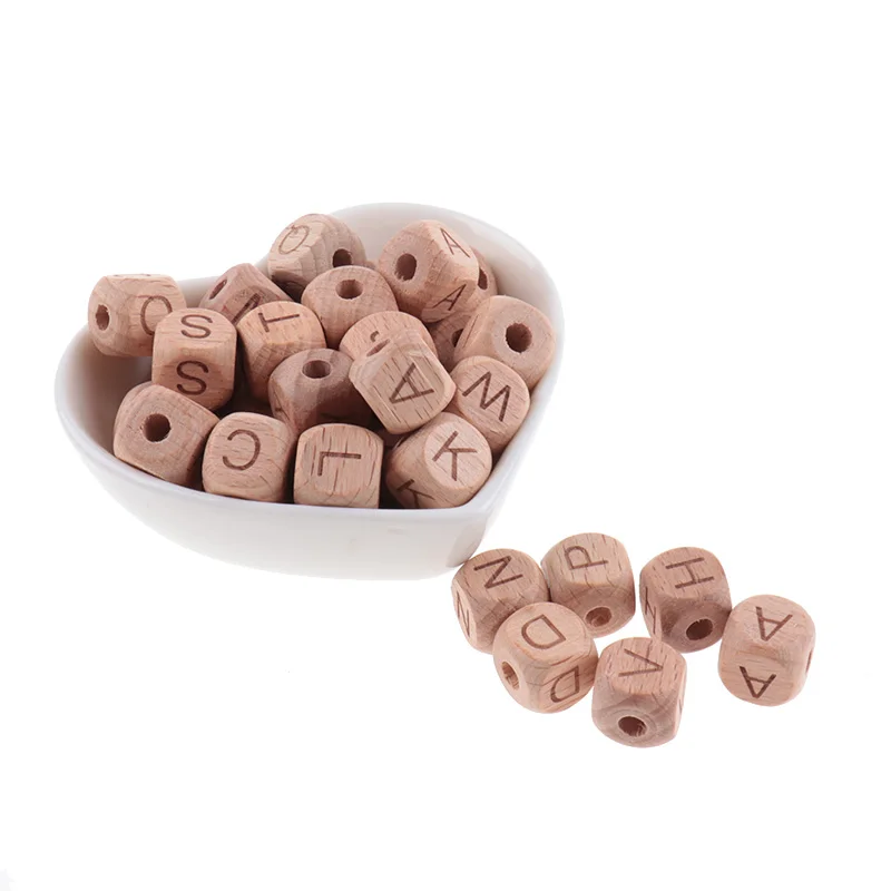 Cuentas de madera de haya para ni&ntilde;os, abalorios de 12MM con letras para morder, manualidades, juguetes de dentici&oacute;n, alfabeto, 200 piezas-0