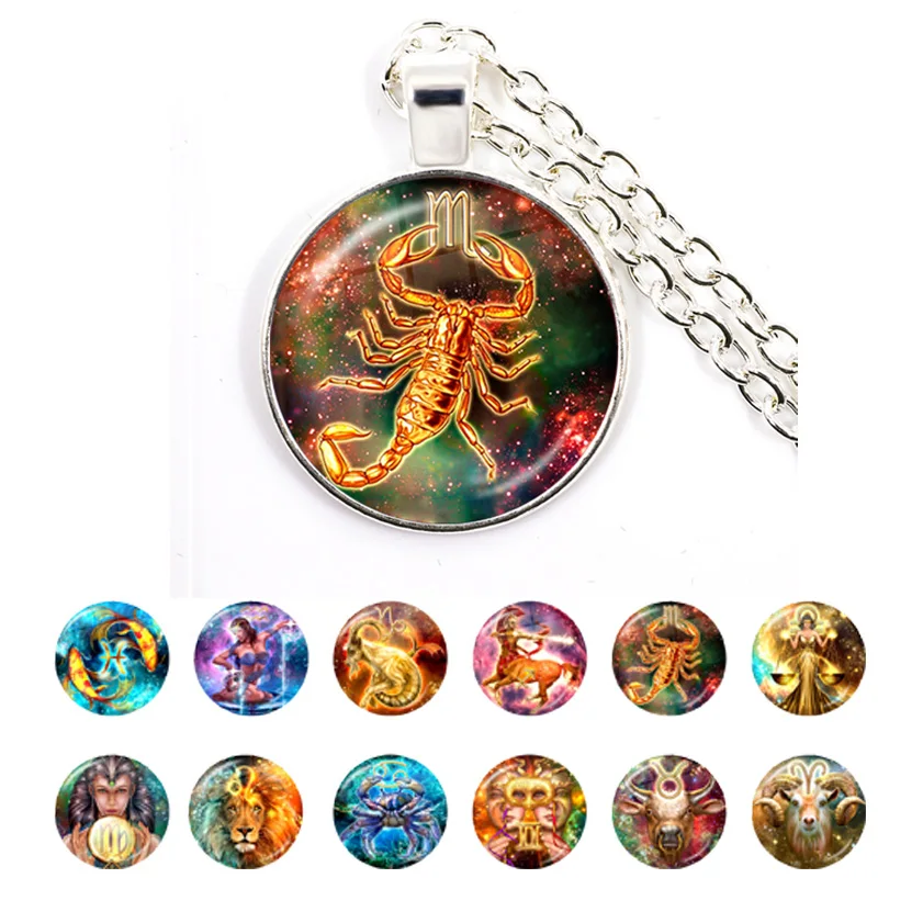 

Handmade Esoteric 12 Constellations Glass Necklace Leo Virgo Libra Scorpio Zodiac Sign Pendant Necklaces for Birthday Gift