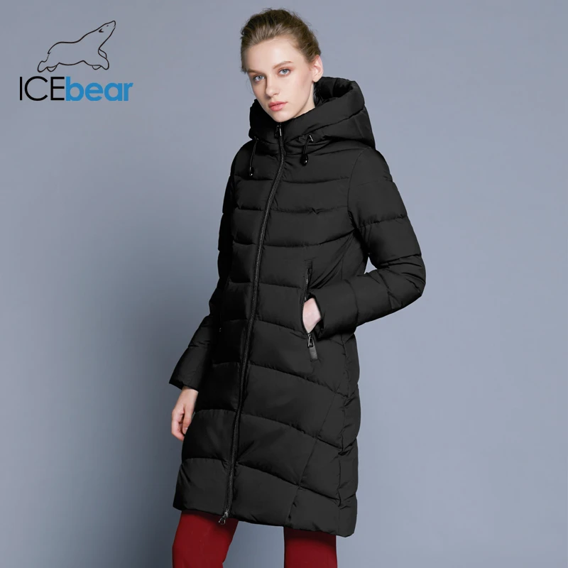 ICEbear Новинка высококачественная зимняя куртка женская с капюшоном ветрозащитная куртка средней длины высококачественный металлический застежка-молния модный стоячий воротник куртки GWD18101D