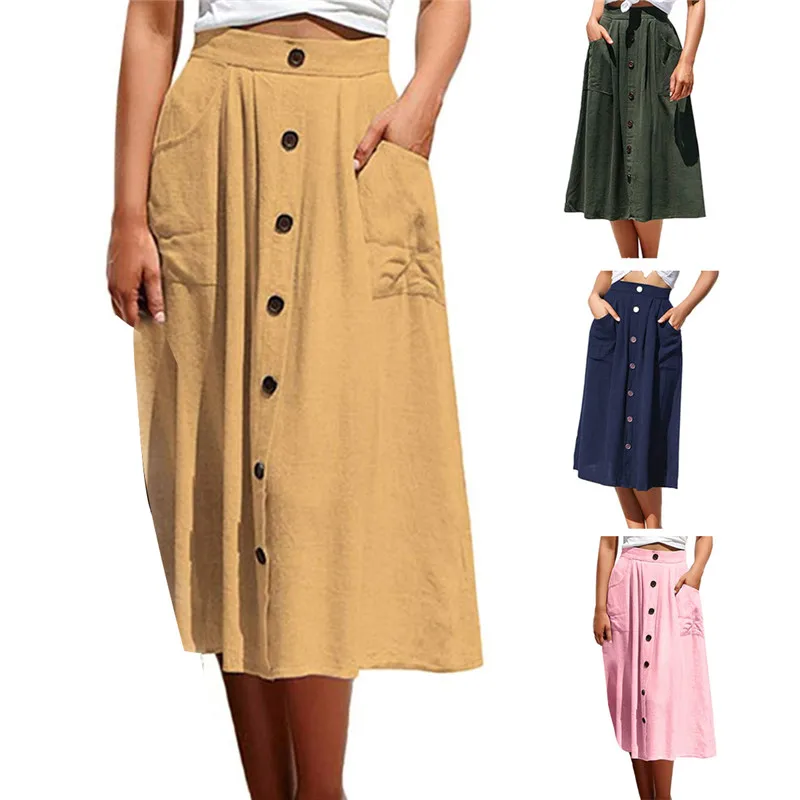 Женская Однотонная юбка миди LITTHING модная однобортная средней длины с высокой