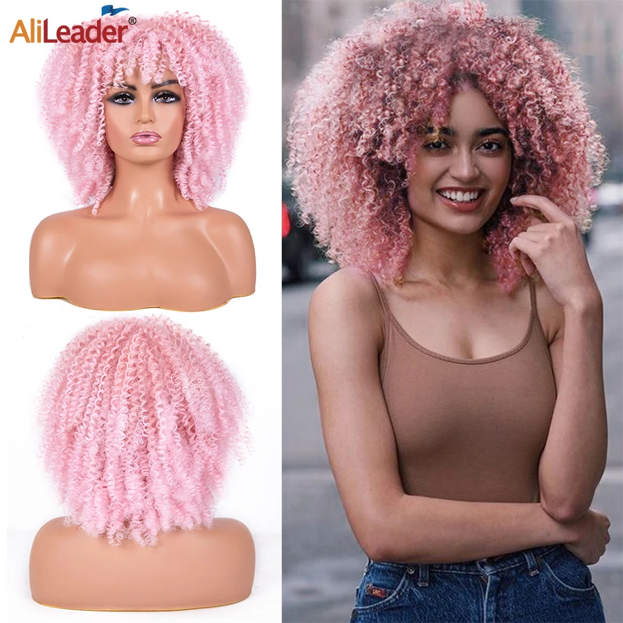 

New Afro Kinky Curly Wig With Bangs 14" Fluffy Wigs For Women Synthetic African Curly Hair Black Omber Glueless Cosplay Wigs