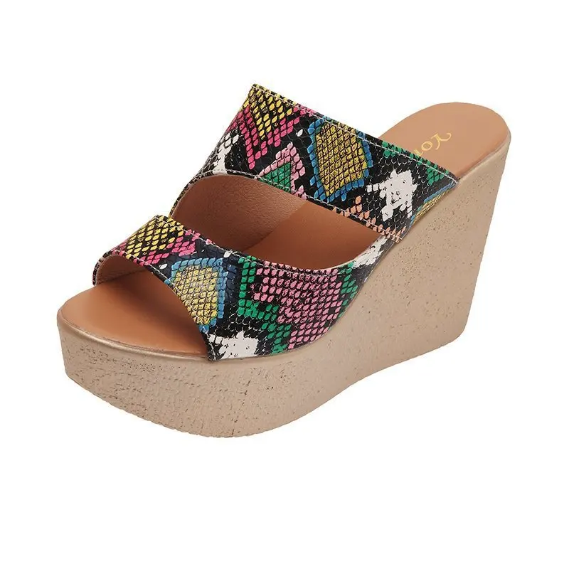 

Clogs With Heel 2021 Sandals Comfort Shoes for Women Snakeskin Muffins shoe Suit Female Beige Thick New Girls Elastic Band Flat