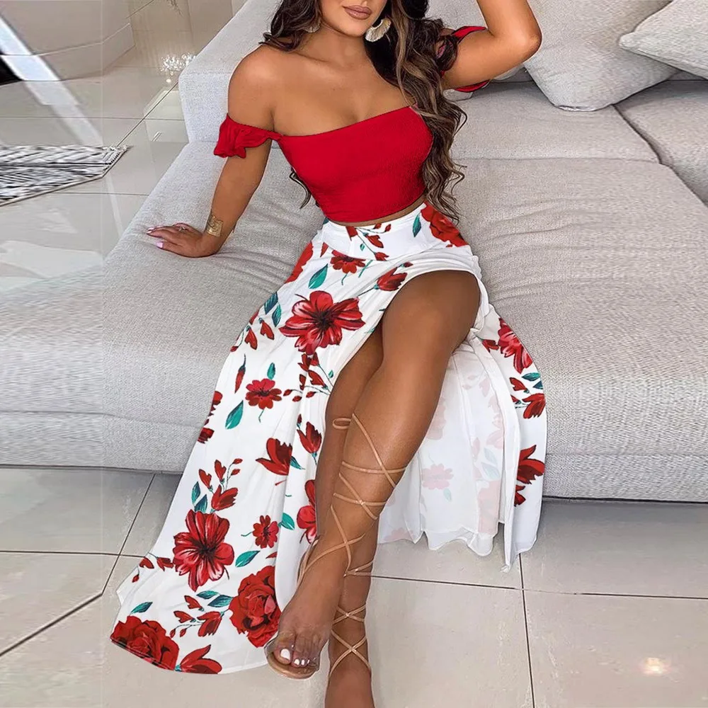 

Women Elegant Rose Leaf Print Long Dress Sets Sexy Off Shoulder Tops And Split Skirt Suit 2021 Summer Women Two Piece Set Outfit