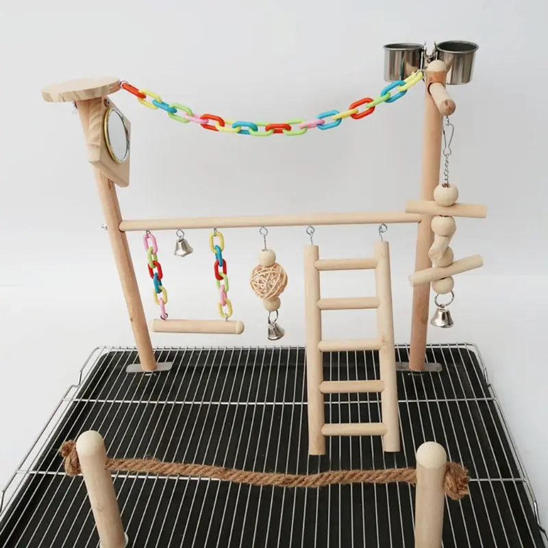 

Parrot Bird Play Stand Cockatiel Playground Wood Perch Gym Ladder Feeder Cups
