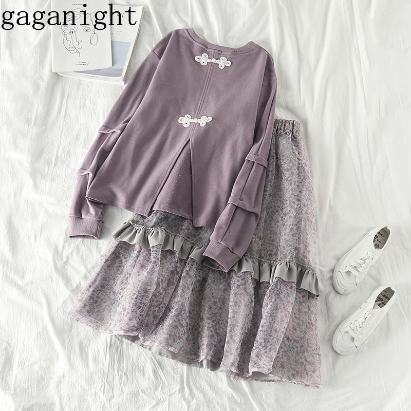 

Gaganight, корейский маленький женский комплект из 2 предметов, пуловер с круглым вырезом, худи с длинным рукавом + юбка с высокой талией и оборка...