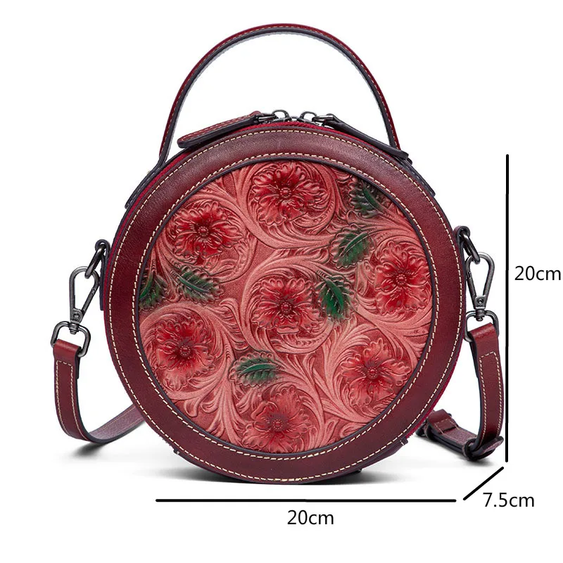 

YourSeason Genuine Leather Ladies 2021 Vintage Handbag First Layer Cowhide Handmade Women Carving Small Circular Shoulder Bags