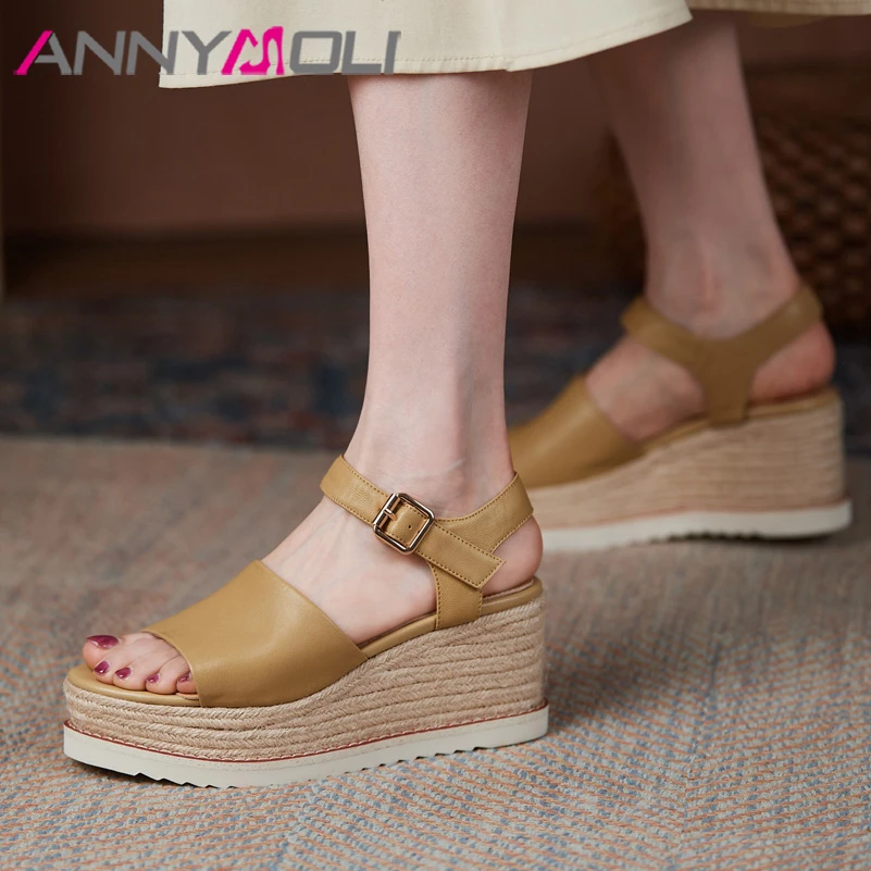 ANNYMOLI Shoes Women Genuine Leather Sandals Wedges High Heel Sandals Buckle Espadrille Shoes Round Toe Ladies Footwear Summer