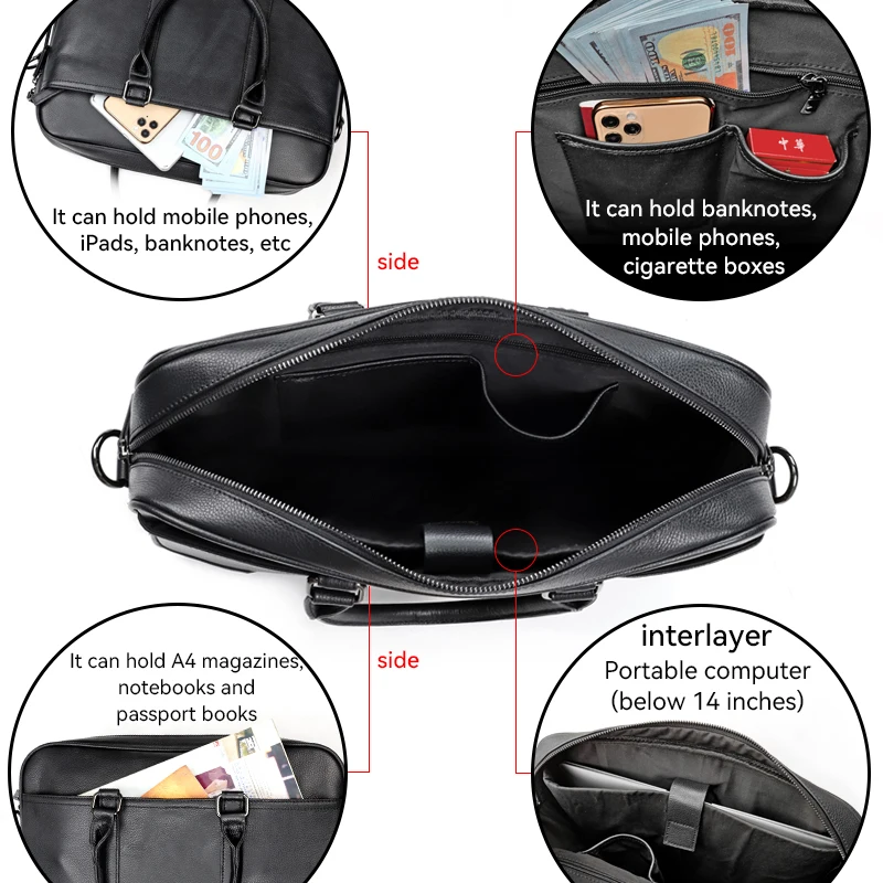 Fit For 14'' Laptop Bag For Men Genuine Leather Men's Briefcase Portable Messenger Shoulder Bag Cowskin Business Document A4
