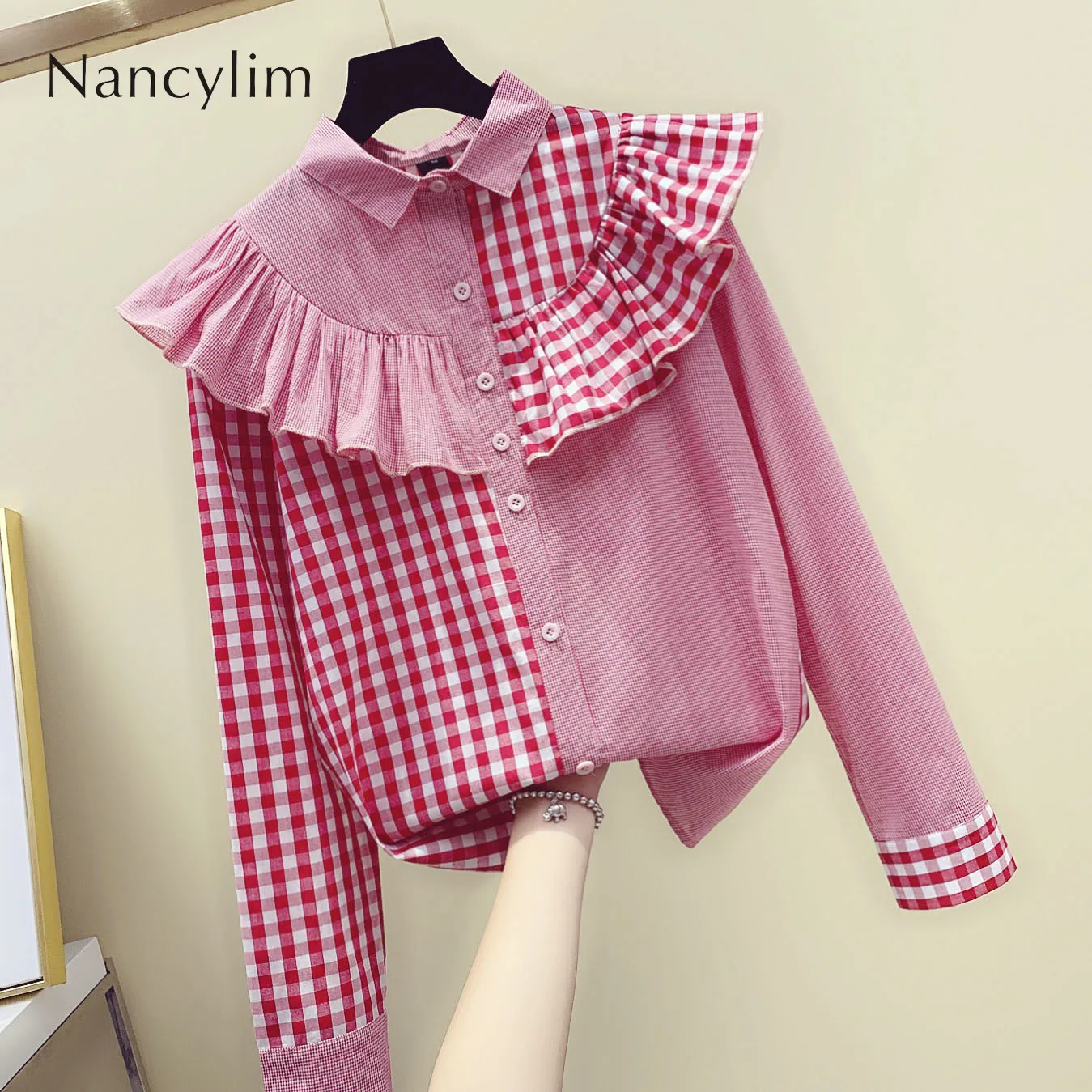 Женская рубашка в клетку с длинным рукавом и отложным воротником|Рубашки| |