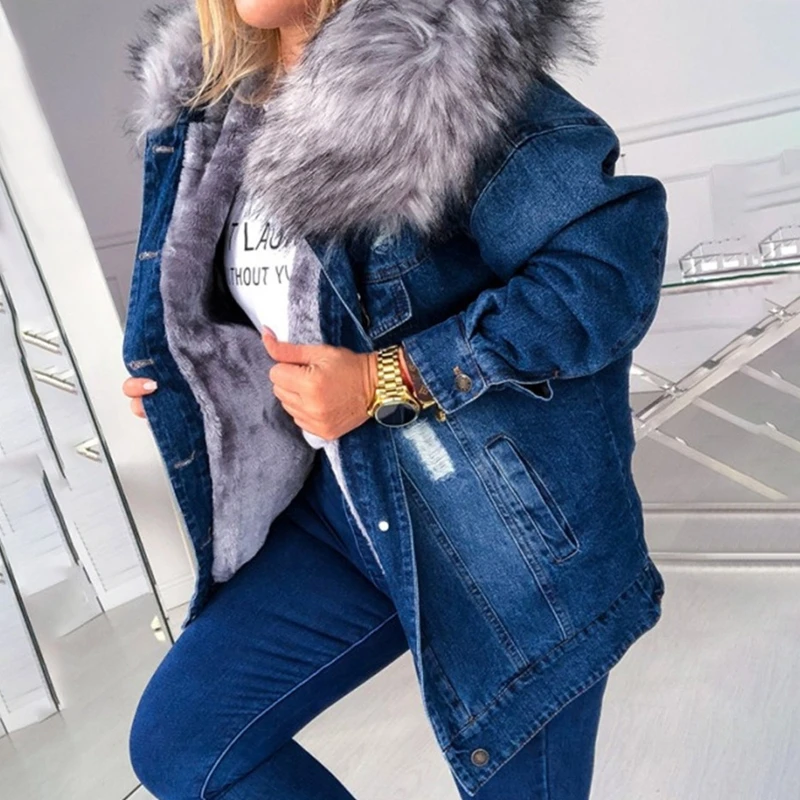

Women Winter Warm Fluffy Collar Hooded Denim Jacket Thick Plush Lined Warm Long Sleeve Jean Coat Button Down Oversized Loose Out