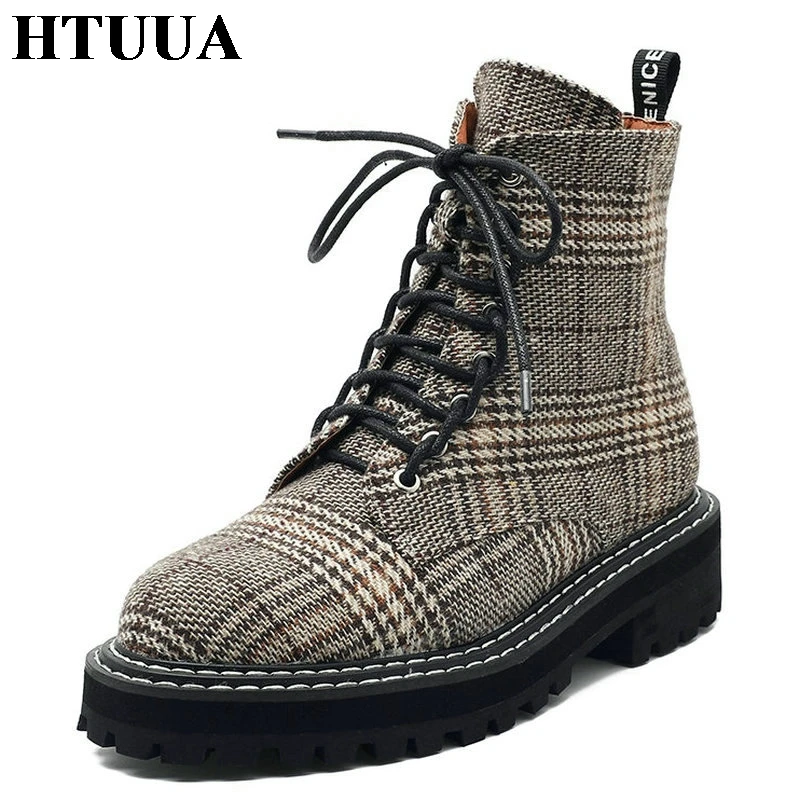HTUUA/теплые плюшевые зимние ботинки женские короткие ботильоны на шнуровке в
