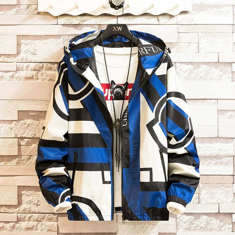 

Spring And Autumn Hooded Men's Jacket Fashion Trend Handsome Men Coat Loose Thin Section Multicolor Stitching Sports Male Jacket