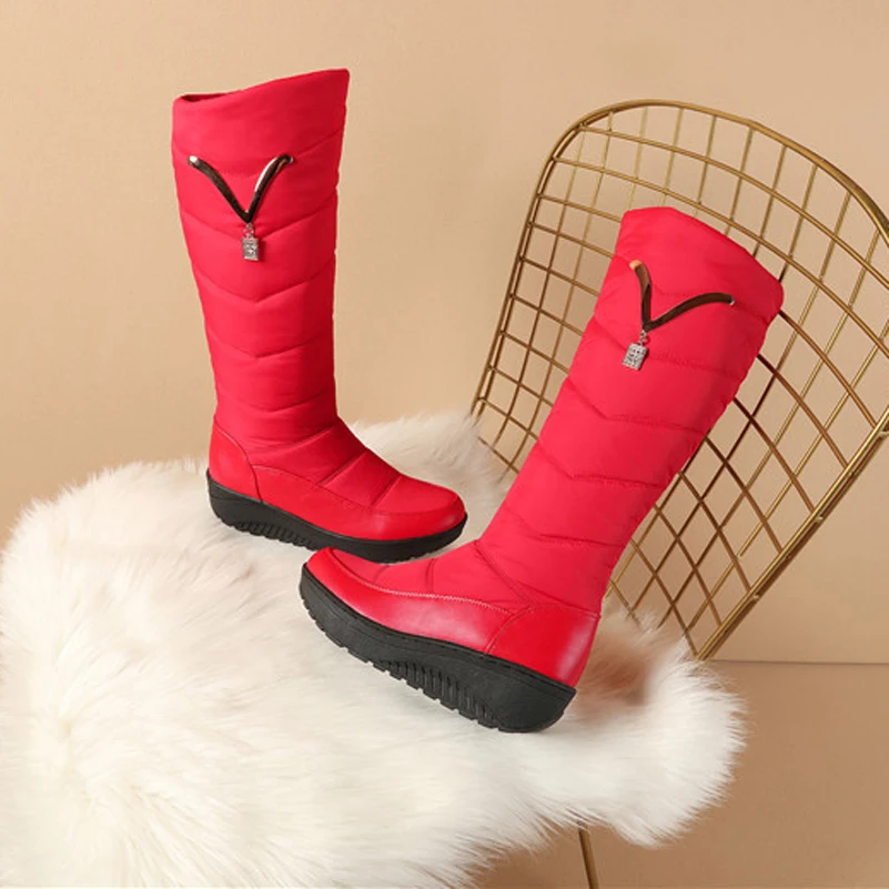 

ANNYMOLI Women Knee High Boots Shoes Crystal Platform Mid Heel Fur Snow Boots Slip On Wedge Heels Warm Lady Long Boots Winter 44