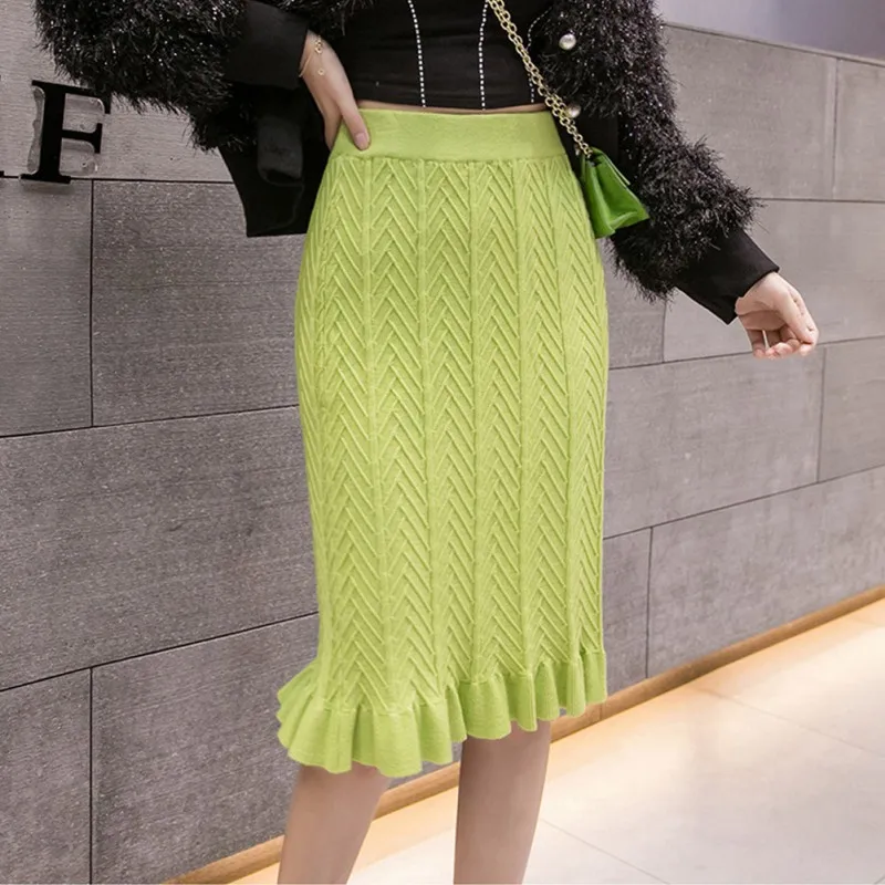

Slim Knitted Midi Skirt Women Spring Autumn Pencil Solid High Waist Bag Hip Wrap Skirt Ruffled Sweet Skirts Korean Style