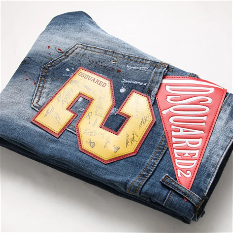 

DSQ2 Slim Stretch Small Feet Trendy Men's Punk Tight Pants personality printing splash paint Jeans DSQUARED2
