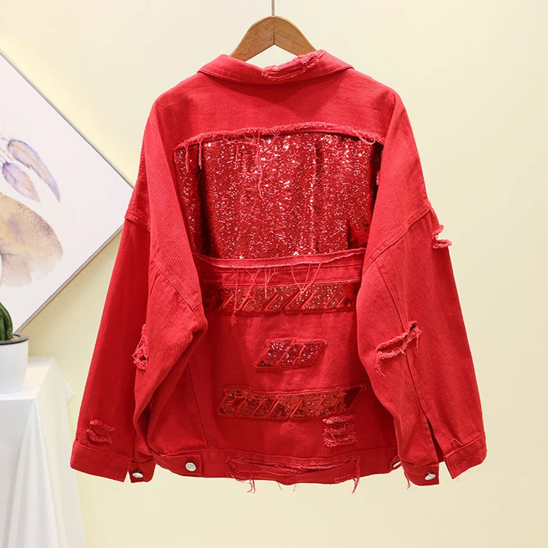 Куртка женская джинсовая с блестками на спине Повседневная Свободная верхняя