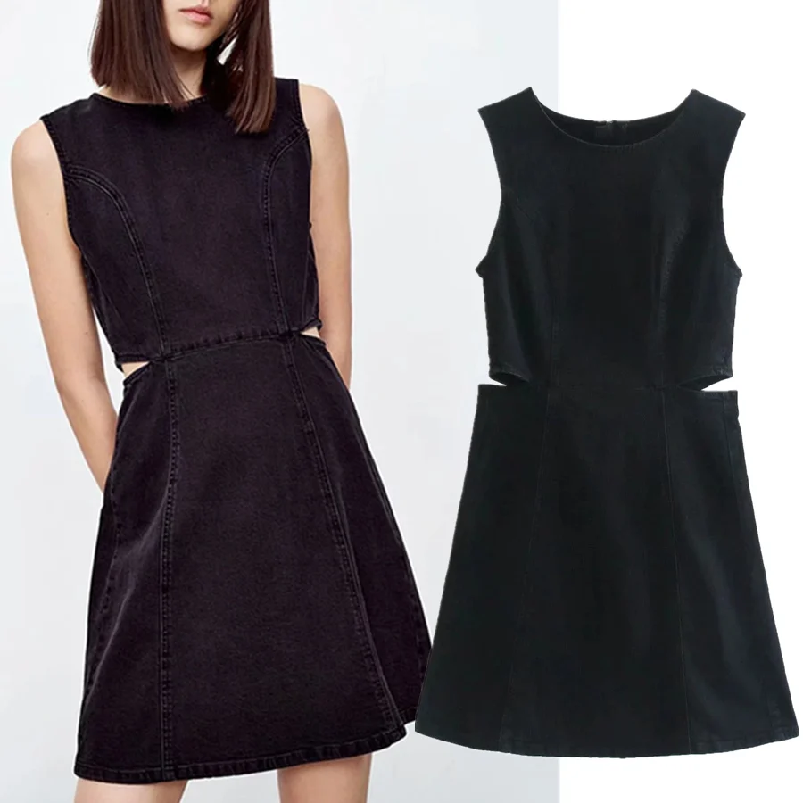 

Dave&Di Summer Enlgand Style Fashion Simple Solid O-neck Sleeveless Denim Mini Dress Party Dress Women Vestidos