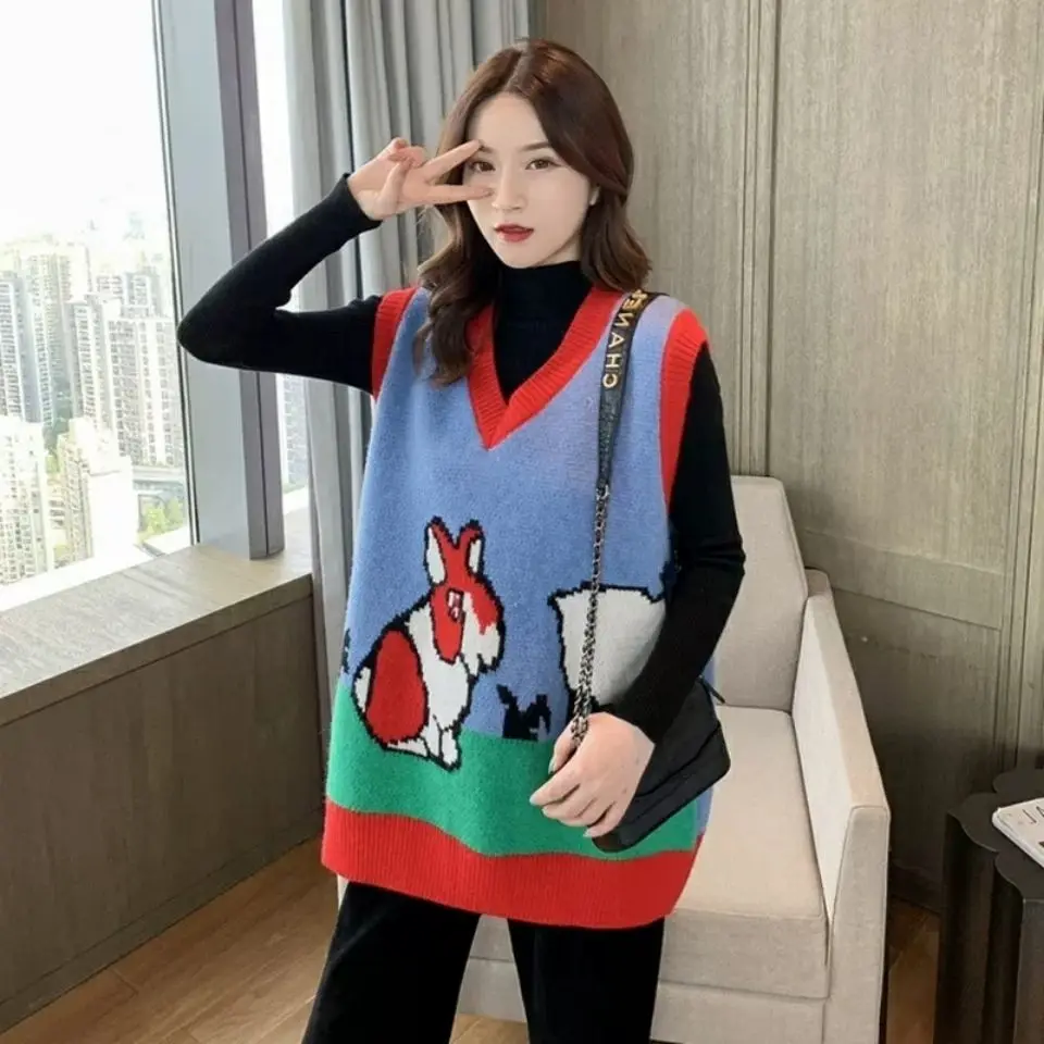 

New spring and autumn V-neck waistcoat women's rabbit pattern knitted sweater vest Korean style versatile vest