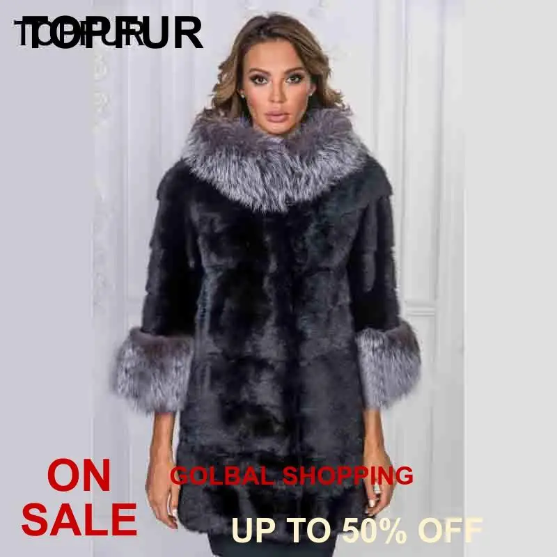 Женская Шуба из натурального меха норки с воротником серебряной лисы зимняя