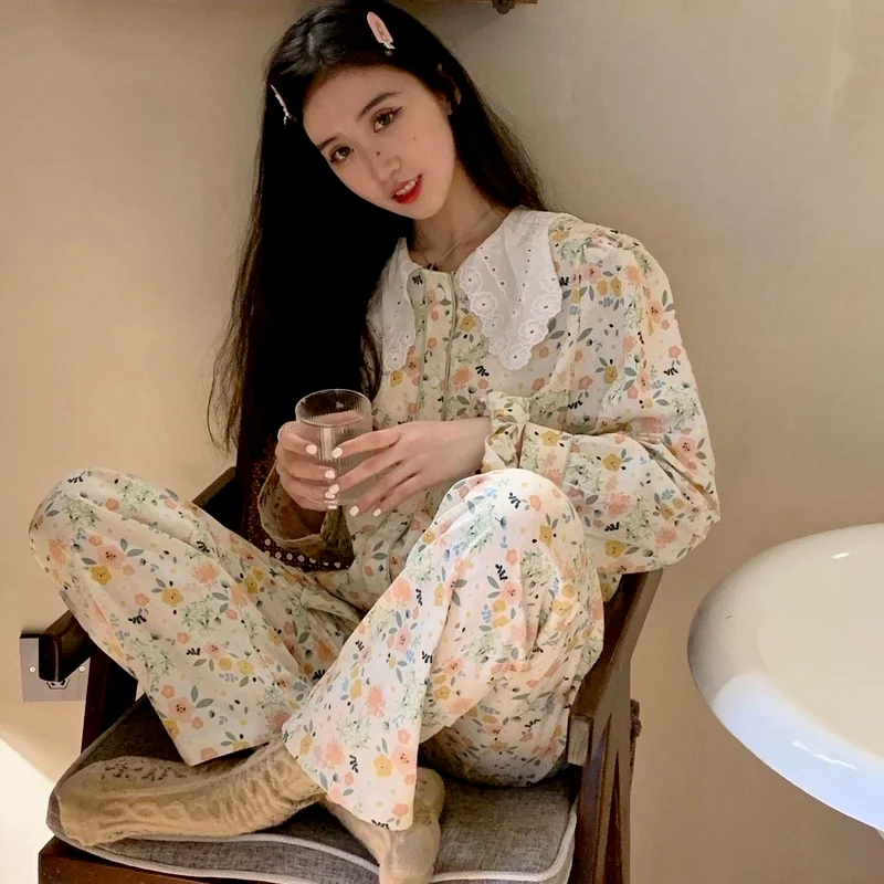 QWEEK Womens Two Piece Sets Korean Flowers Pajamas Loose and Comfortable Sailor Collar Pijamas Girls Home Clothes Spring Autumn