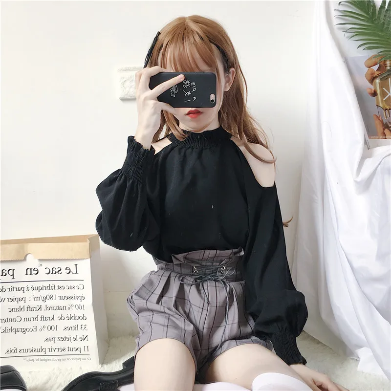 Blusas mujer de moda mori/весенне-летняя однотонная блузка в японском стиле со стоячим воротником без бретелек с длинными рукавами белого и черного цвета