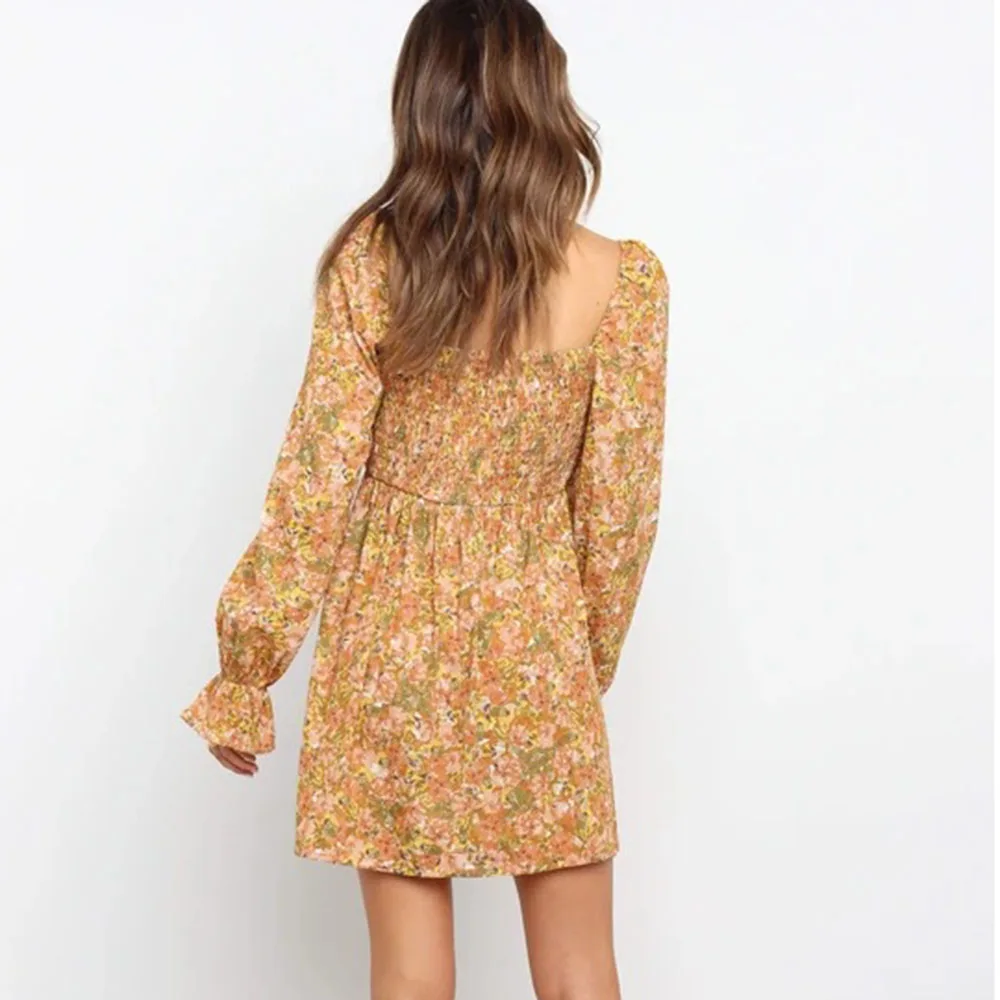 

Women Vintage Floral Print Mini Dress 2021 Autumn Casual Sexy Square Neck Long Sleeve A-line Dresses Woman Fashion Party Dress