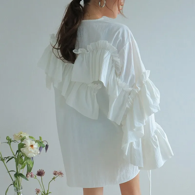 2019 Summer Women Clothes Casual O Neck Lantern Sleeve Mini Dress Sweet Korean Fashion Stitching Ruffles Loose Short | Женская одежда