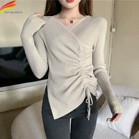 new 2021 winter knitted sweater women korean fashion design drawstring irregular long sleeve top black beige or white jumper