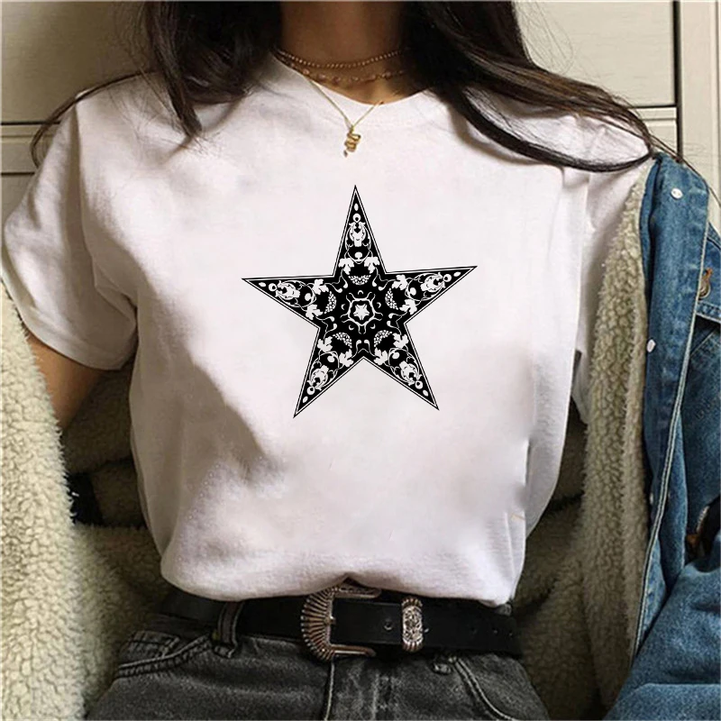 

Wome Kawaii Five-Pointed Star Print T-Shirt Simplicity Women Short Sleeve T-Shirt Casual Round Neck Trend Style Female T Basic