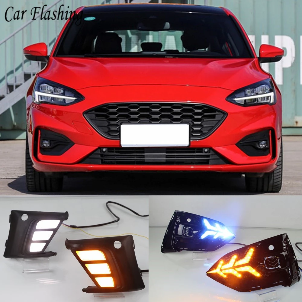 Car Flashing 2PCS DRL LED Daytime Running Light fog lamp driving light with Yellow Turn Signal for Ford Focus 2019 2020 | Автомобили и