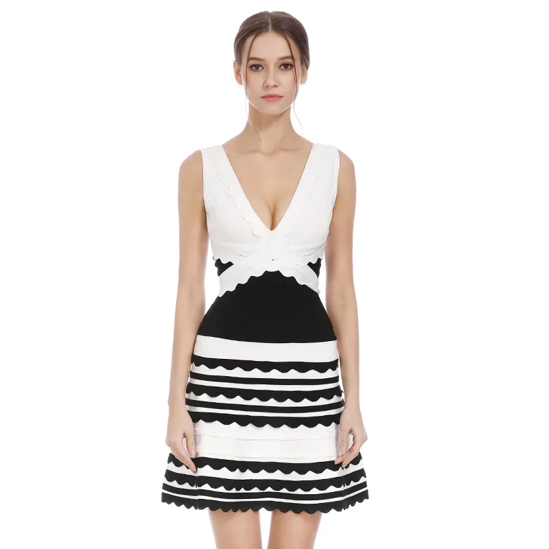

Two color dress evening dress sexy V-neck sleeveless bandage dress party annual meeting slim A-line skirt